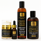 Goldaskin skincare products including toner, cleanser, serum, and moisturizer on a white background.