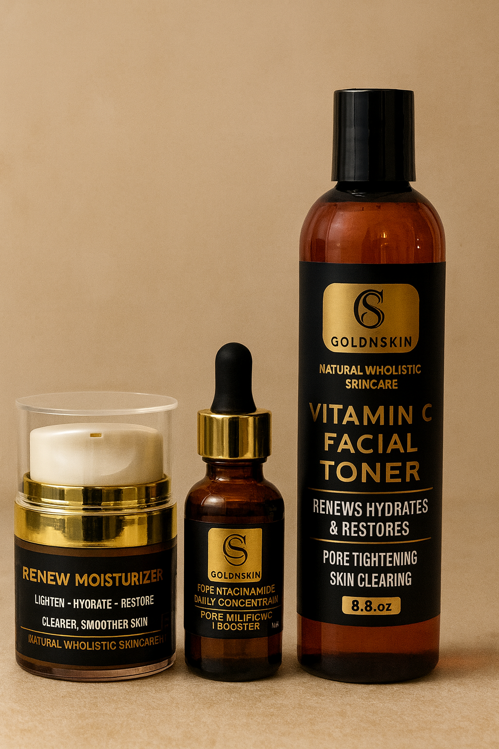 Three skincare products from Goldskin on a beige background serum toner moisturizer bundle 