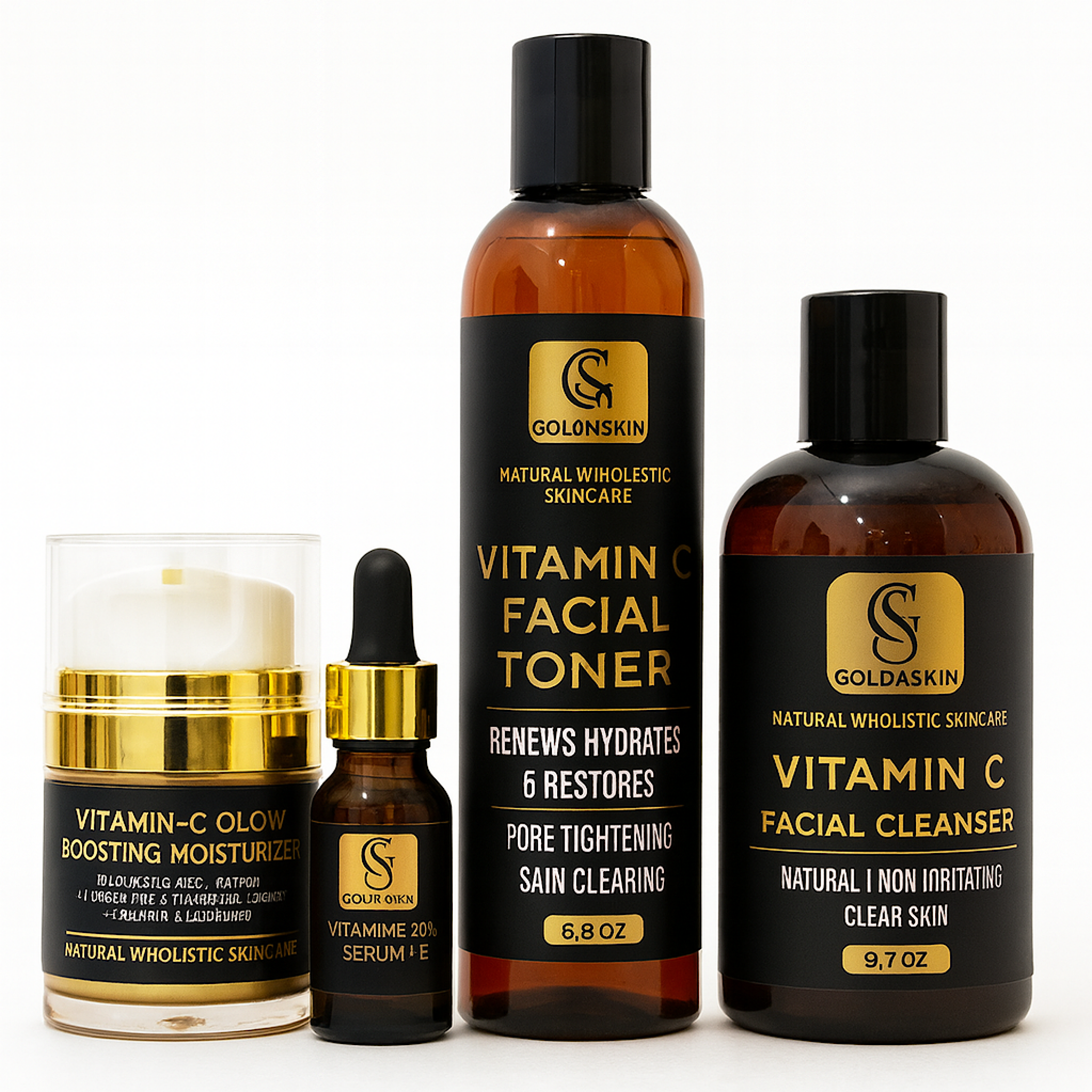 Goldaskin skincare products including toner, cleanser, serum, and moisturizer on a white background.